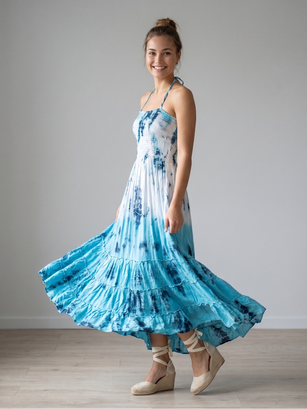 🌻NEW Tiare Hawaii Naia Maxi Dress Blue White Tie Dye Smocked Tiered Size OS
